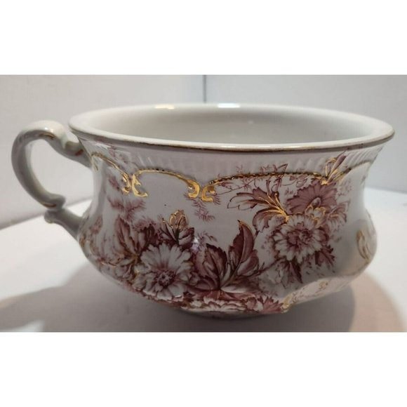 Antique Dunn Bennett & Co Chamber Pot in Daisy Pattern Red Florals W/ Gold Trim - Picture 3 of 11